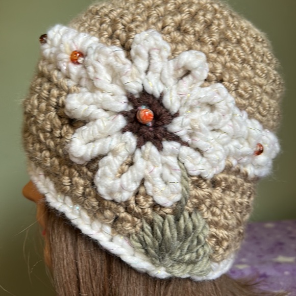 2 for $23.00 set Elegant Crochet Beanie in golden satin acrylic yarn medium - Picture 2 of 7